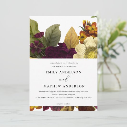 RETRO BURGUNDY GEEL VLOEDBUNCH WEDING KAART (Staand voorkant)