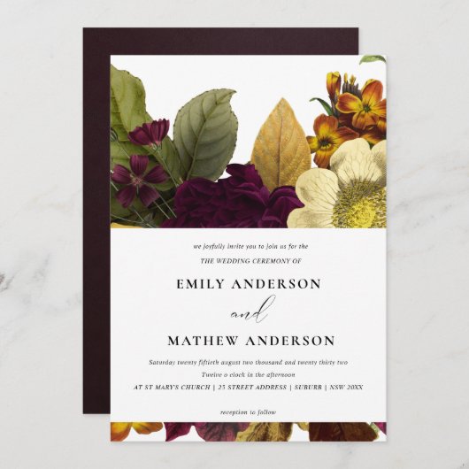  RETRO BURGUNDY GEEL VLOEDBUNCH WEDING KAART (Voorkant / Achterkant)