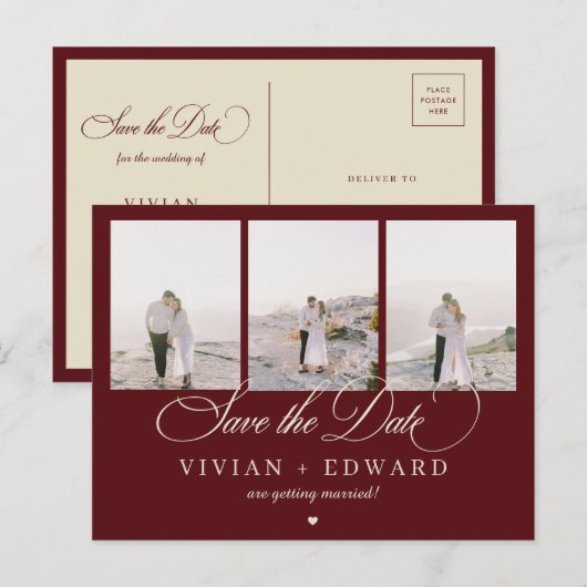 Retro Burgundy Ivory 3 Photo Collage Save The Date Briefkaart (Voorkant / Achterkant)