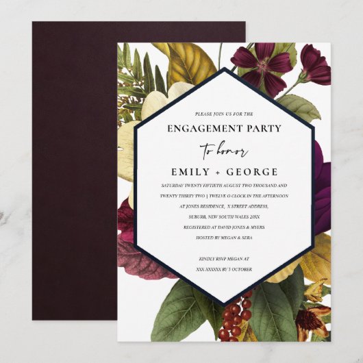  RETRO BURGUNDY OCHRE FLORAL VERLOVING KAART (Voorkant / Achterkant)