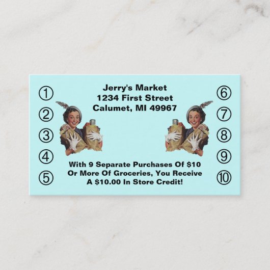 Retro Business Punch Cards Happy Grocery Shopper Klantenkaartje (Voorkant)