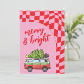Retro Busje Geruit Merry & Bright Kerstmis Feestdagenkaart (Staand voorkant)
