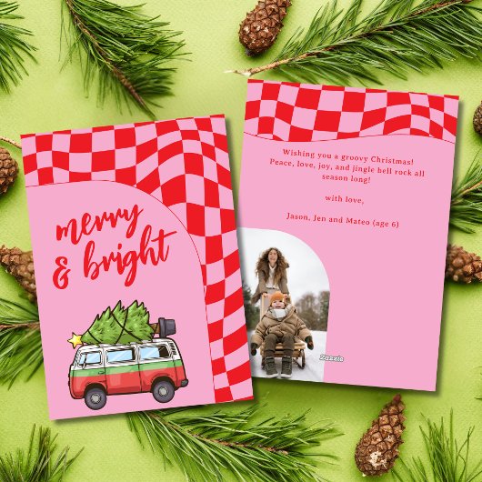 Retro Busje Geruit Merry & Bright Kerstmis Feestdagenkaart