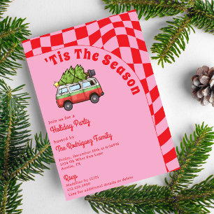 Retro Busje Rode Roze Schachbrett Kerstfeest Kaart
