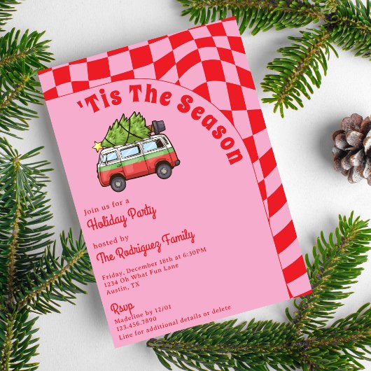 Retro Busje Rode Roze Schachbrett Kerstfeest Kaart
