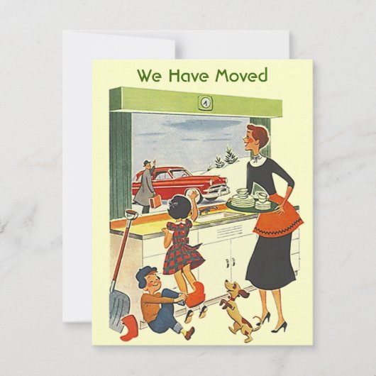 Retro Busy Home We hebben kennisgeving van verplaa Aankondiging (Voorkant)