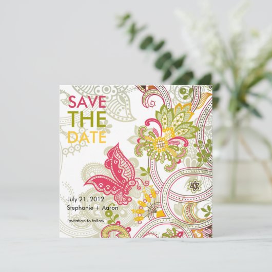 Retro Butterfly Floral Save the Date (Staand voorkant)