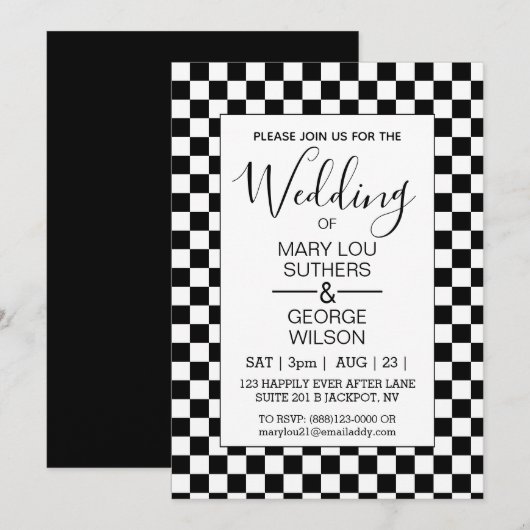 Retro BW Geruite Huwelijksuitnodiging Kaart (Voorkant / Achterkant)