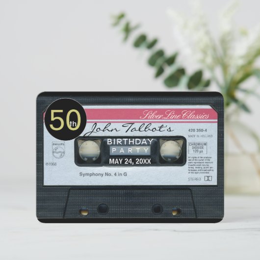 Retro C Audiocassette Uitnodiging 50e verjaardagsf (Staand voorkant)