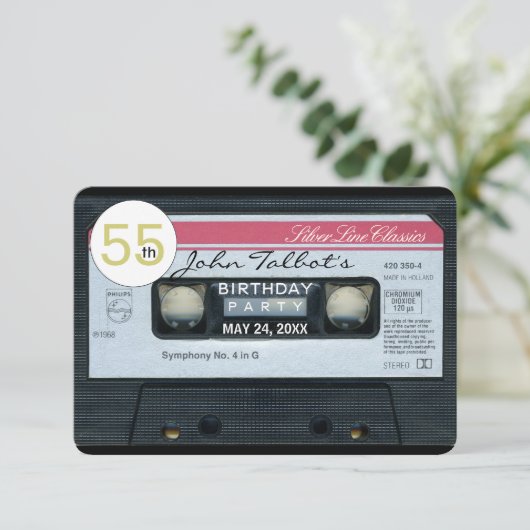 Retro C Audiotape, uitnodiging voor 55e verjaardag (Staand voorkant)