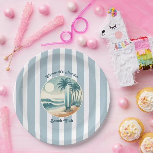 Retro Cabana Stripes Beach Club Surfboard Verjaard Papieren Bordje (Feest)