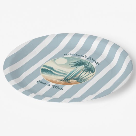 Retro Cabana Stripes Beach Club Surfboard Verjaard Papieren Bordje (Gekanteld)