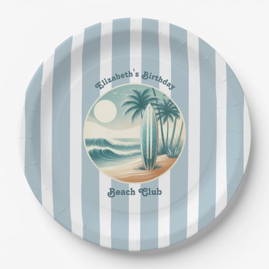 Retro Cabana Stripes Beach Club Surfboard Verjaard Papieren Bordje (Voorkant)