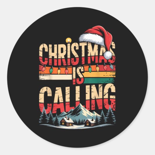 Retro Cabin Snowy Christmas Calling Lights Holiday Ronde Sticker (Voorkant)