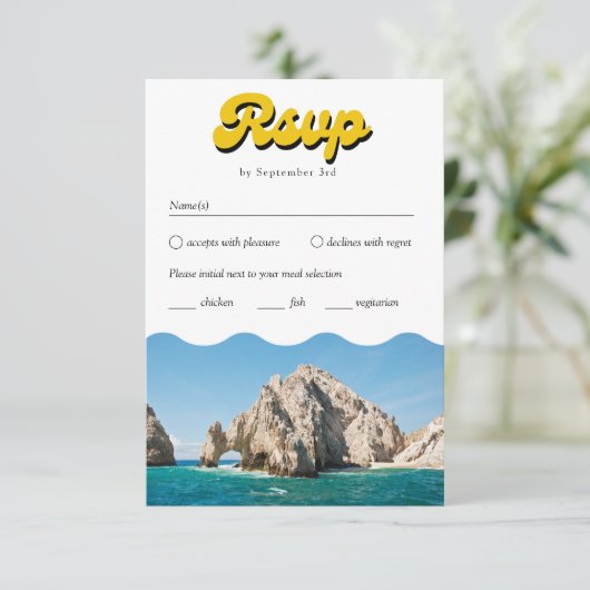 Retro Cabo Bruiloft Traditionele RSVP Maaltijd Opt Informatiekaartje (Staand voorkant)