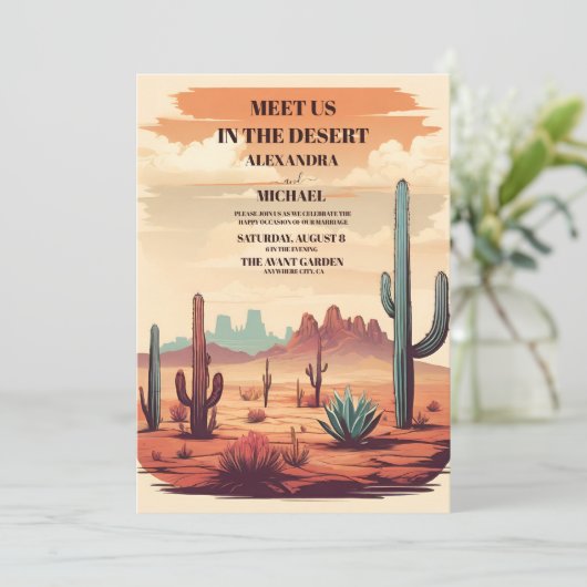 Retro Cactus Desert Landschap Bruiloft Kaart (Staand voorkant)