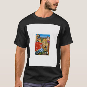 Retro Cadillac in de woestijn met een grote jongen T-shirt