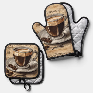 Retro Cafe Cafeïne Liefhebber  Espresso Koffie Ovenwant & Pannenlap Set