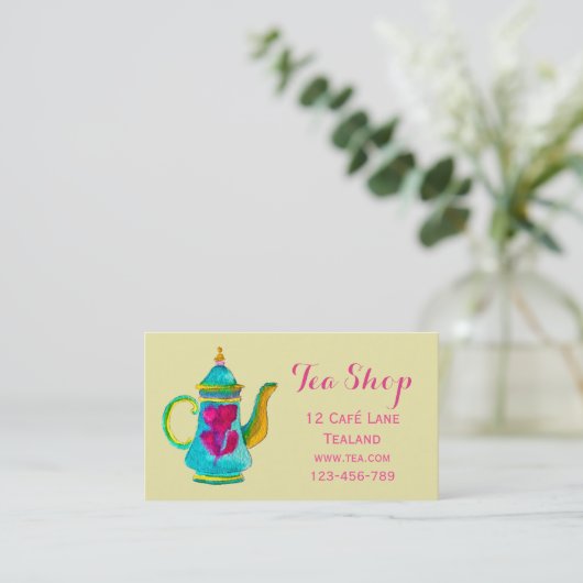 Retro café theewinkelontwerper teapot visitekaartje (Staand voorkant)