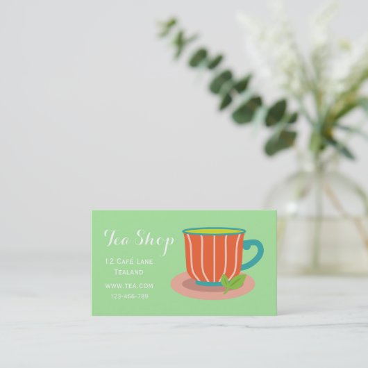 Retro café theewinkelontwerper theepot visitekaartje (Staand voorkant)