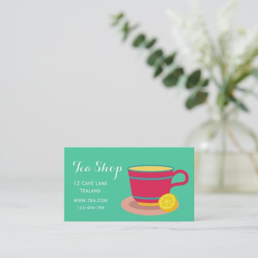 Retro café theewinkelontwerper theepot visitekaartje (Staand voorkant)