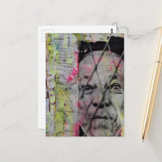retro caged man junk journal Mixed Media Collage Briefkaart (Voorkant / Achterkant in situ)