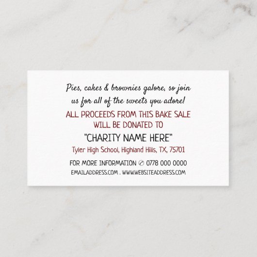 Retro Cake Design, Charity Bake Sale Event Advert Visitekaartje (Achterkant)