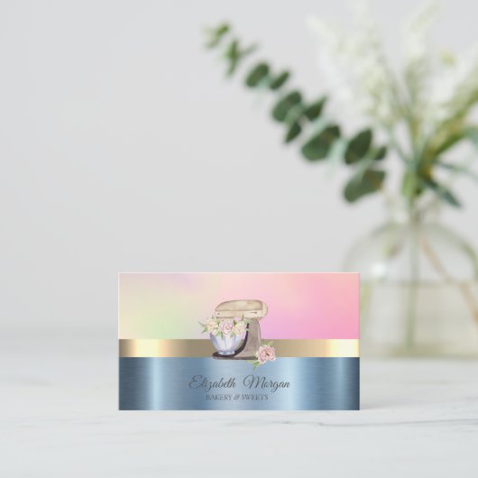 Retro Cake Mixer Bloem Blauw Metallic Visitekaartje (Staand voorkant)