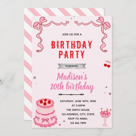Retro cake verjaardagsfeestje uitnodiging (Voorkant / Achterkant)