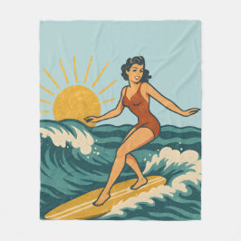 Retro California Pin-Up Surfer Blue Coastal Print Fleece Deken