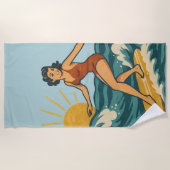 Retro California Pin-Up Surfer Blue Coastal Print Strandlaken (Voorkant)