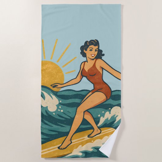 Retro California Pin-Up Surfer Blue Coastal Print Strandlaken (Voorkant)