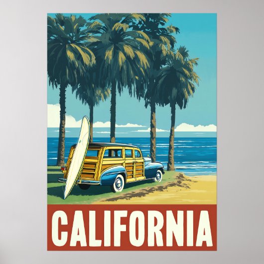 Retro California Surf Beach Travel Poster (Voorkant)