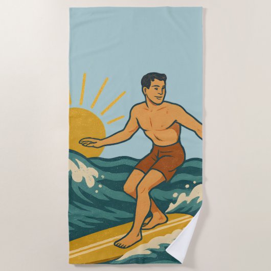 Retro California Surfer Blue Coastal Surfing Print Strandlaken (Voorkant)