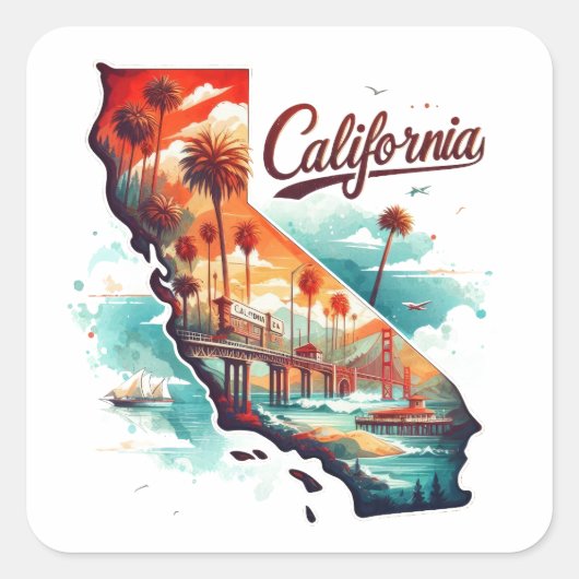 Retro California USA Kaart Reissouvenir Vierkante Sticker (Voorkant)