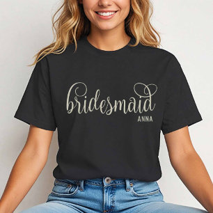 Retro Calligrafie Natural op Black Bridesmaid T-shirt