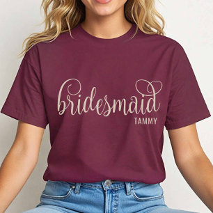 Retro Calligrafie Natural op Maroon Bruidsmeisje T-shirt