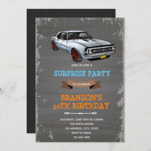 Retro camaro - uitnodiging voor de verjaardag van (Voorkant / Achterkant)