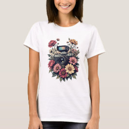 Retro camera en bloemenkunst t-shirt