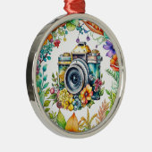 Retro Camera in  Bloemen Kerst Metalen Ornament (Rechts)