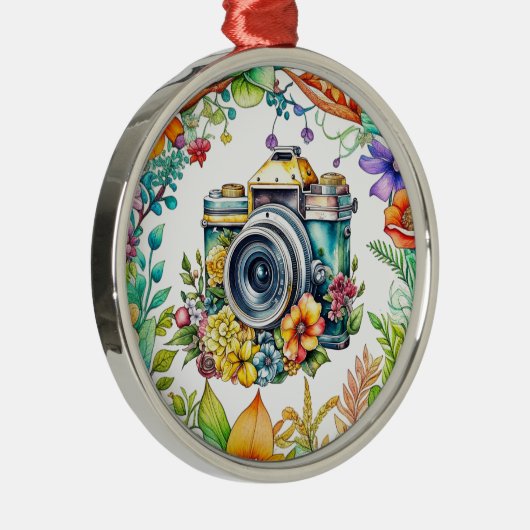 Retro Camera in  Bloemen Kerst Metalen Ornament (Rechts)