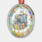 Retro Camera in  Bloemen Kerst Metalen Ornament (Links)