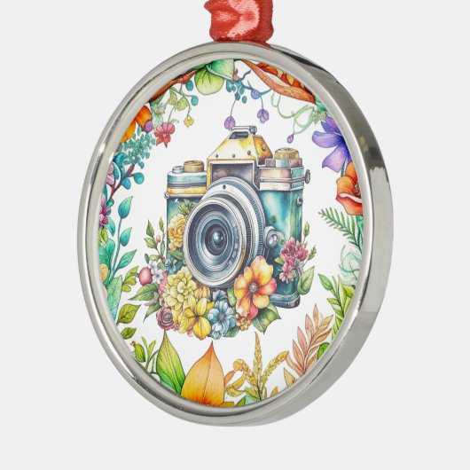Retro Camera in  Bloemen Kerst Metalen Ornament (Links)