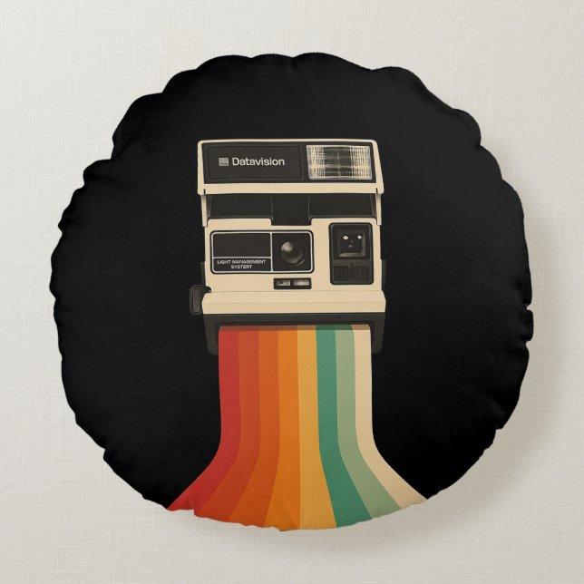 Retro camera met regenboogprint rond kussen (Voorkant)