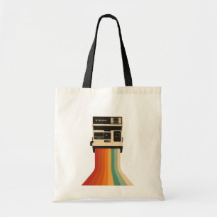 Retro camera met regenboogprint tote bag