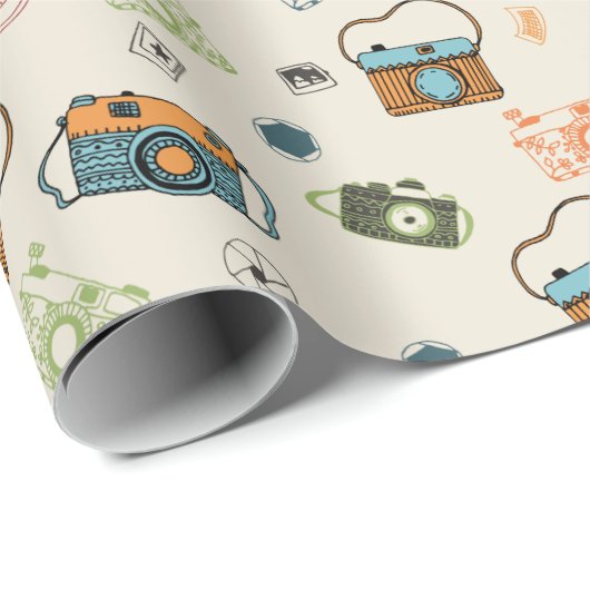 Retro Camera Patroon | Tan Cadeaupapier (Rol Hoek)