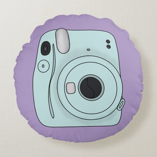 Retro Camera Throw Pillow – Fun Purple Aesthetic Rond Kussen (Voorkant)