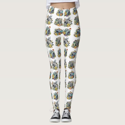 Retro  Camera's met  Bloemen Leggings (Voorkant)