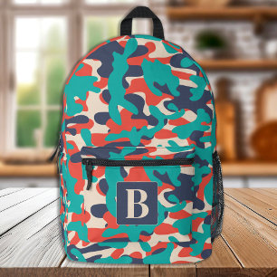 Retro Camo Blauwgroen Sinaasappel Blauw Personalis Bedrukte Rugzak