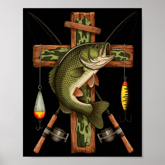 Retro Camo Cross Fishing Rod Hook B Christian Fish Poster (Voorkant)